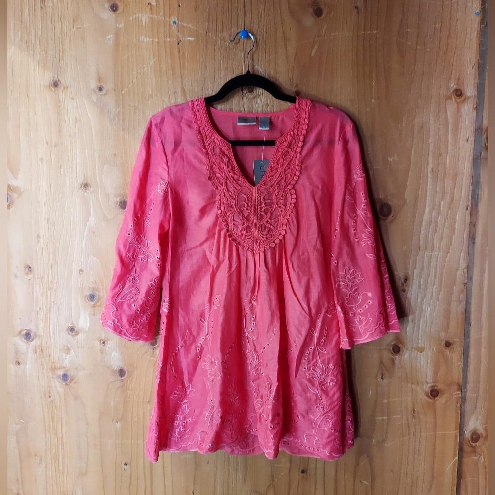 Chico's Elegant Bib Gwennann Coral Silk Blend Floral Embroidered Tunic Top